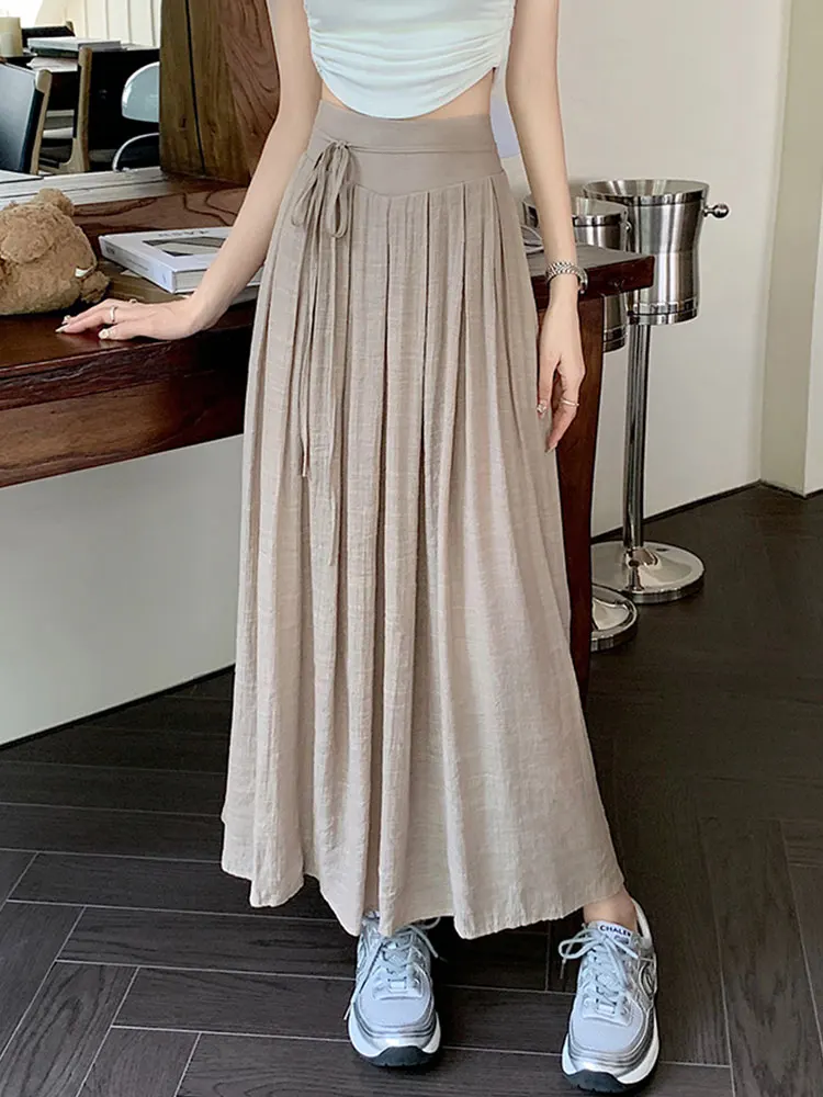 

Cotton Linen Long Skirt for Women 2023 Summer Korean Simple Sold All-match A Line High Waist Pleated Midi Skirt Female