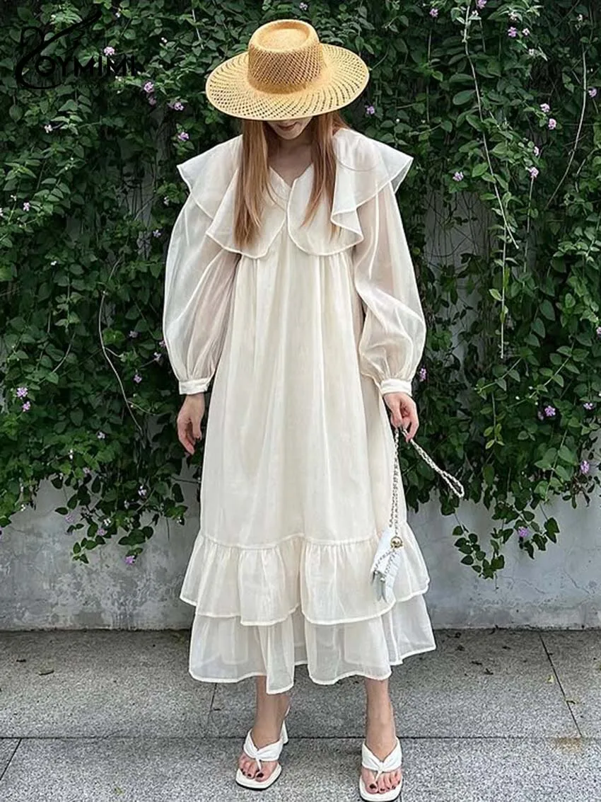 Oymimi Fashion Czarna Luźna Sukienka Damska Elegancka Sukienka z Falbankami Dekolt V Rękawki z Guzikami Jesienna Nowa Plisowana Sukienka do Połowy Łydki