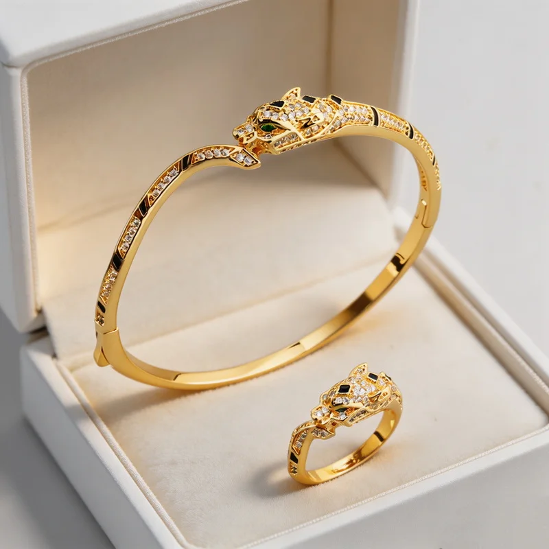 Vintage Fashion Style Jewelry Sets Women Lady Inlaid Cubic Zircon Black Patches Green Eyes Leopard Party Ring Thin Bracelet
