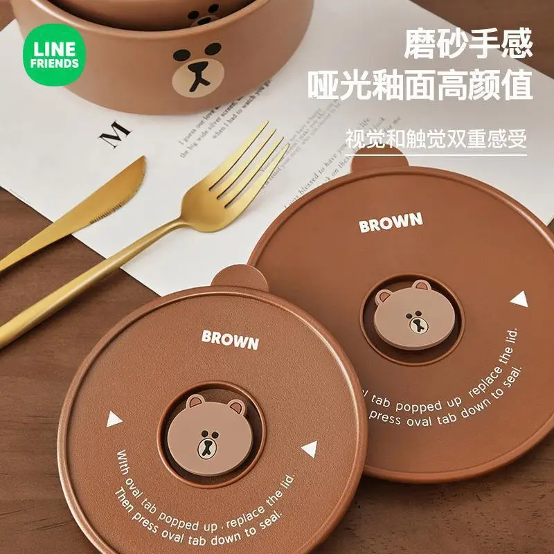 LINE FRIENDS Ceramic Freshness Bowl 3-Piece Set Cute Bento Lunch Box with Lid Sealed Microwave Oven for Office Workers