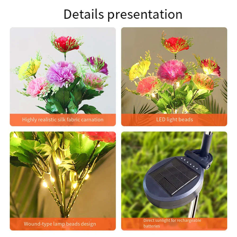 For Outdoor Solar Carnation Garden Lamps with IP65 Waterproof Design for Lawns Patios Walkways and Balconies 2 Piece Set