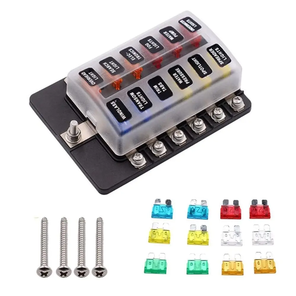 12 Way Fuse Box Car Blade Fuse Holder Red LED Indicator Waterproof Cover for Marine Boat Rv Truck
