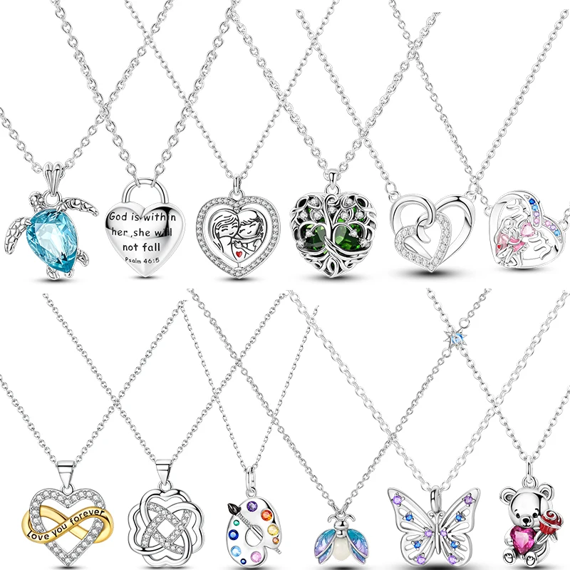 Hypoallergenic S925 Silver Necklace Heart Lock Butterfly Bear Artist Palette Crystal Fit Snake Bracelet Female Girl Gift