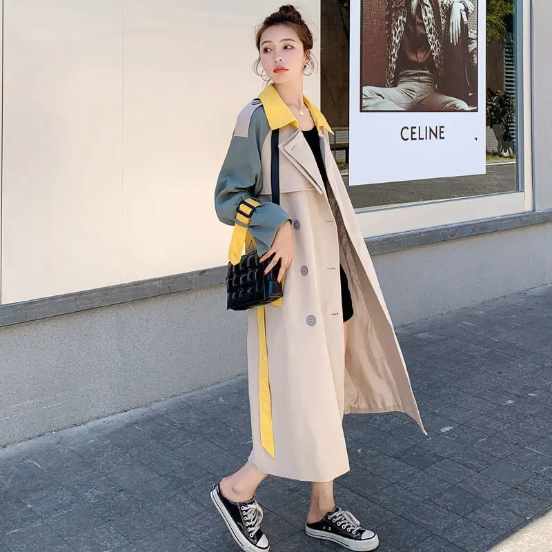 Women  Long Trench Spring Autumn NewSmall Fresh Sweet Office Lady Patchwork Single Breasted Full Turn-down Collar Girls Coat