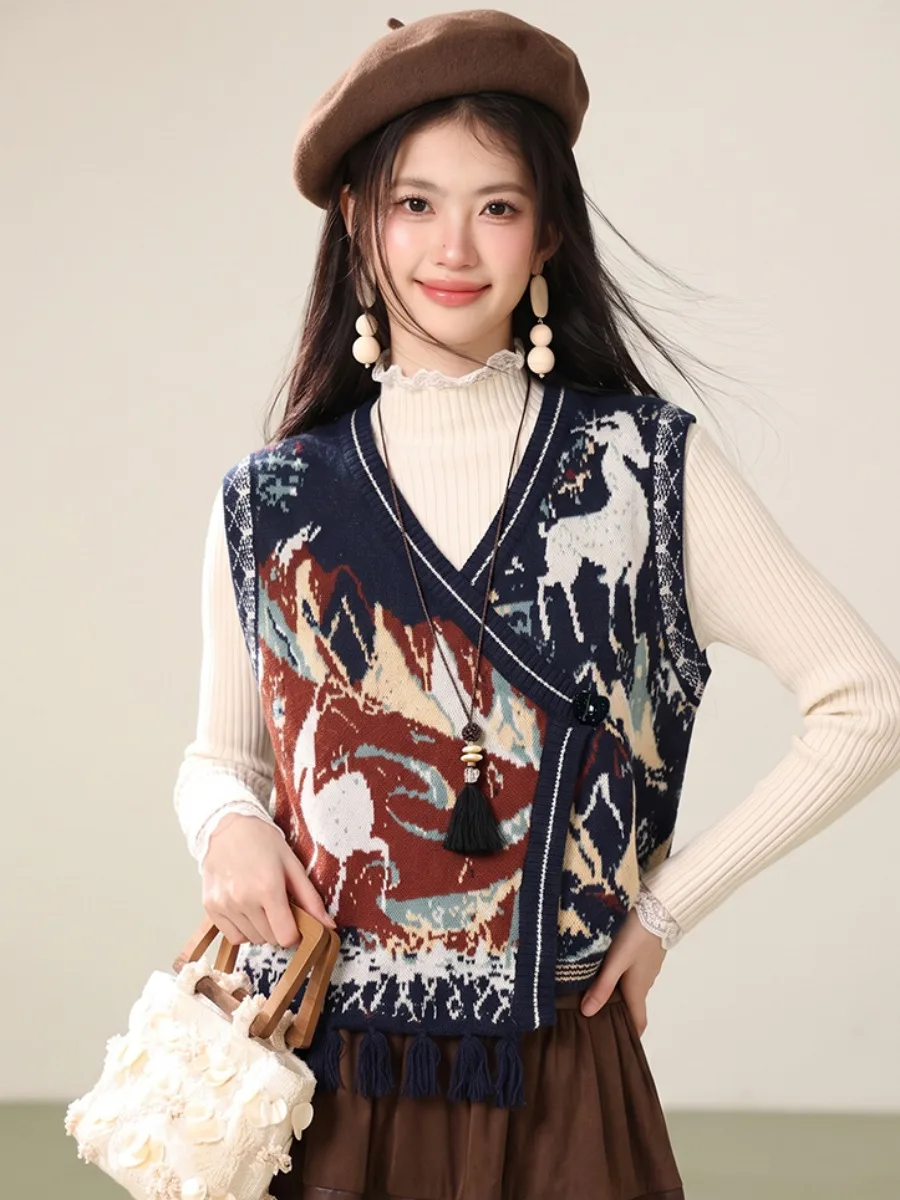 Retro Animal Pattern Knitted Vest Women's Short Sleeveless V-Neck Pullover Top for Autumn Season Tassel Belted Layering Style