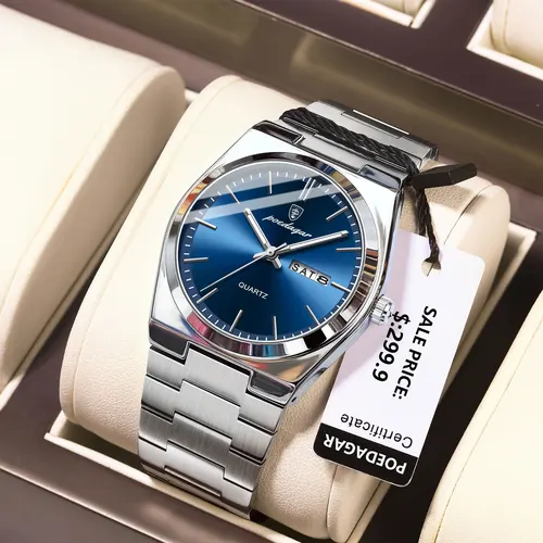 POEDAGAR, relojes de lujo para hombre, Reloj luminoso resistente al agua de acero inoxidable para hombre, Reloj de cuarzo informal con fecha y semana para hombre