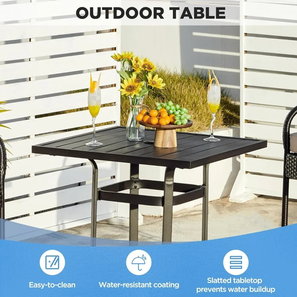 

Square Patio Bistro Table Outdoor Height Bar Table with Umbrella Hole and Slatted Metal Tabletop