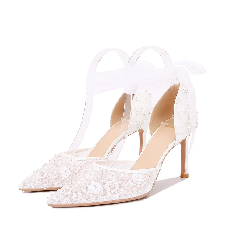 Size 33-42 2024 Summer Beaded Women White Wedding Shoes Ankle Strap Pointed High Heel Pumps