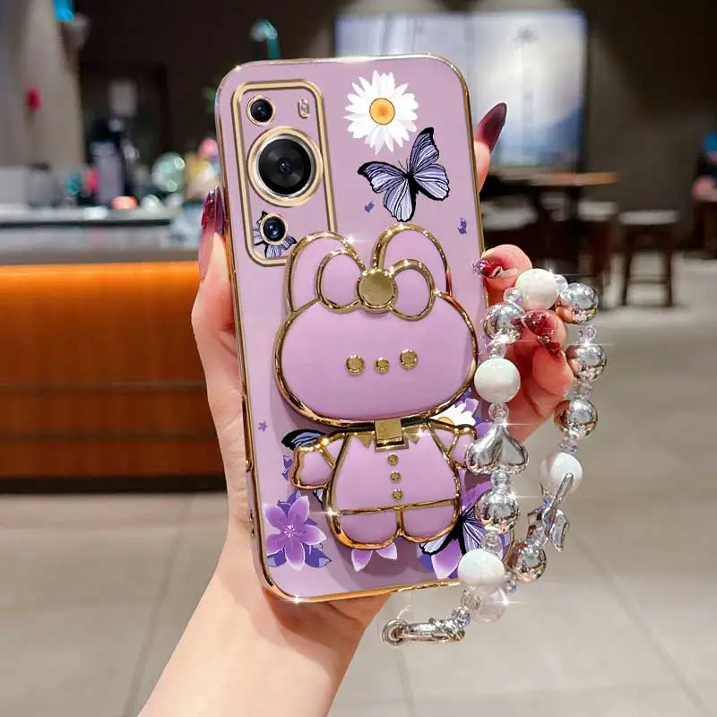 

Pearl Strap Lanyard Butterfly Rabbit Phone Holder Case On For Huawei P40 P50 P60 P30 Lite Pro P40 Pro Anti-knock Stand Cover