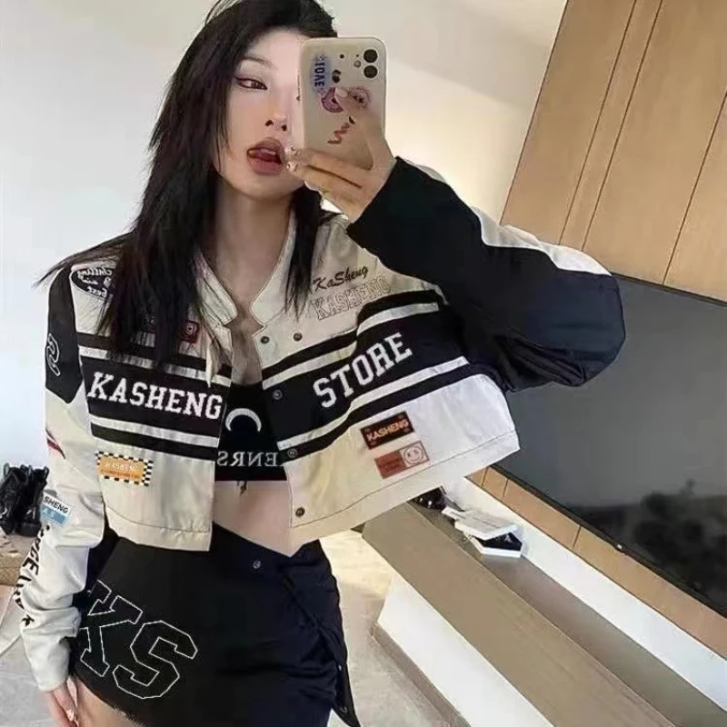 Baseball Jacket with Letter Spliced Coat for Women, Thin Fall Coat, American Style, Vintage Racing Suit, Sweet Girl Set, 2024