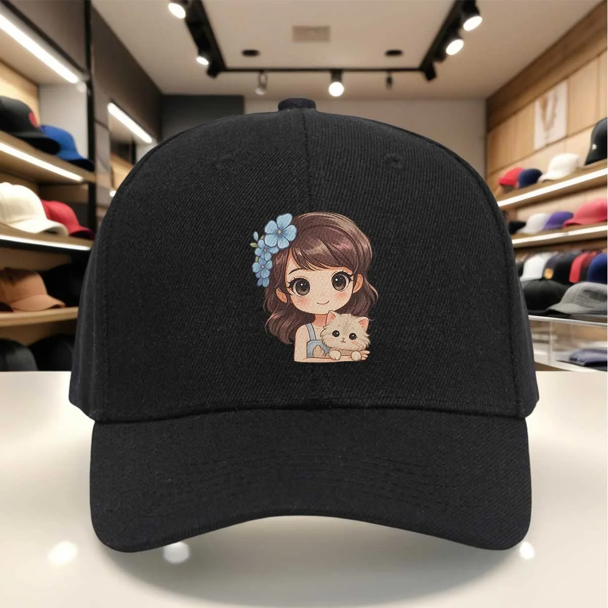 Cute Cartoon Girl with Blue Flowers And Cat Baseball Cap, Adorable Hat, Adjustable Size, Soft Comfortable Cap