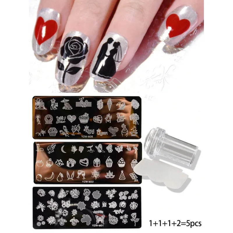 Conjunto de 5 Peças para Estampagem de Unhas: Placas e Raspadores, Tema Coração e Flor Rosa, Caixa de Presente para Casal, Ferramentas DIY para Impres