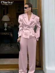 Clacive Fashion Loose Pink Satin Trousers Sets For Women 2 Pieces 2024 Elegant Long Sleeve Blazer With High Waist Wide Pants Set