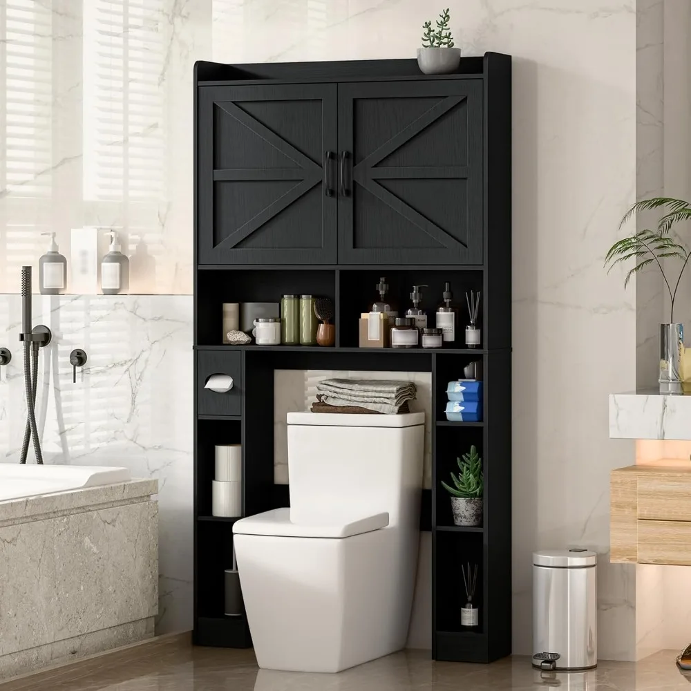 

Over The Toilet Storage Cabinet, Farmhouse Toilet Cabinet Rack with Barn Doors, Space Saving Bathroom Organizer with Shelves, To