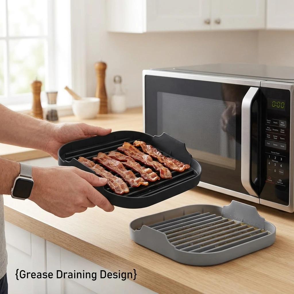 Food Grade Silicone Bacon Tray Set Heat Resistant Non Stick Grease Draining for Microwave Kitchen Home Use 2pcs