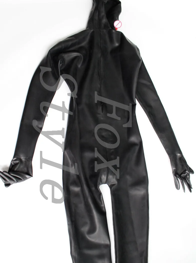 0.8 mm thickness Heavy latex rubber exo-tic Catsuits with an-us mouth pe-nis con-doms in black full cover size custom fox style