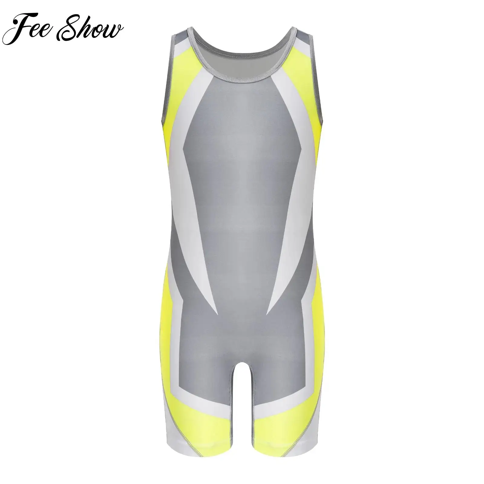 

4-16Y Kids Boys Wrestling Singlet Color Block Jumpsuit Sleeveless Thigh Length Bodysuit for Sports Workout Exercise Cycling