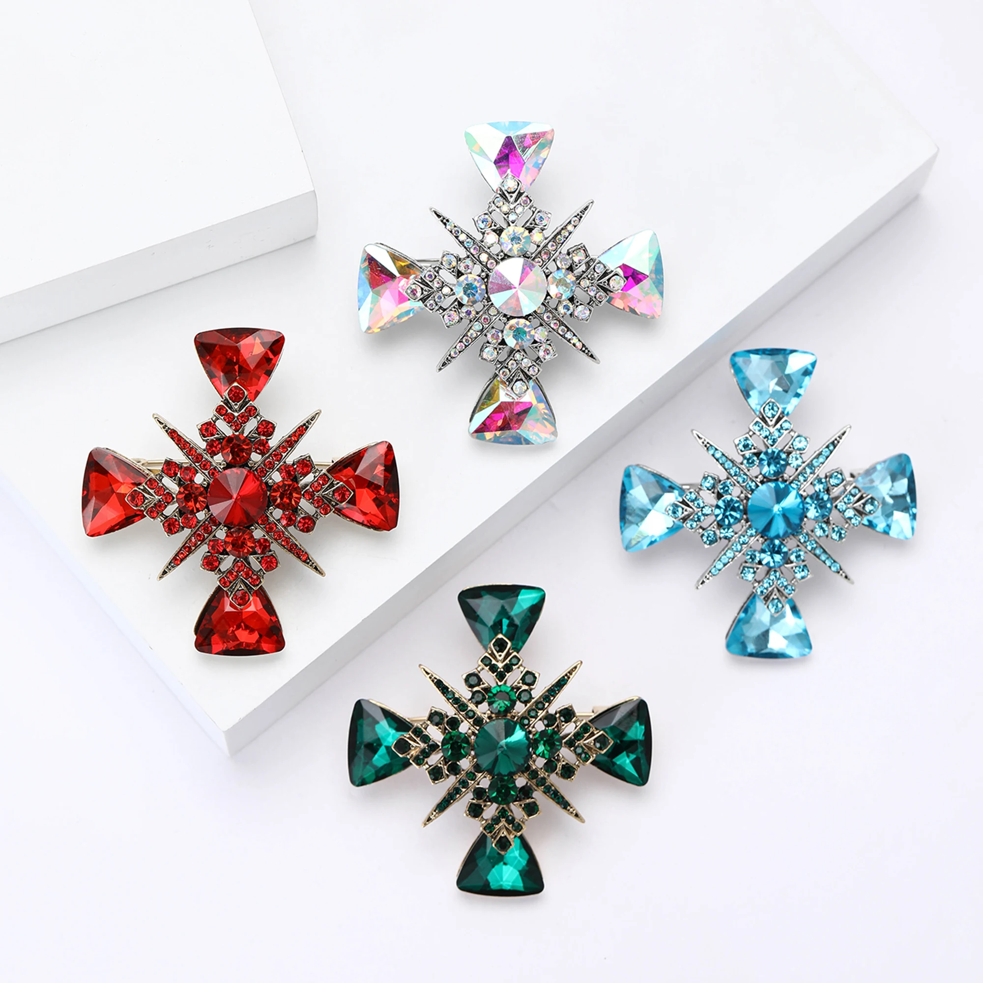 Rhinestone Cross Brooches for Women Unisex Flowers Cross Pins Backpack Office Party Friend Gifts Jewelry Accessories Decoration