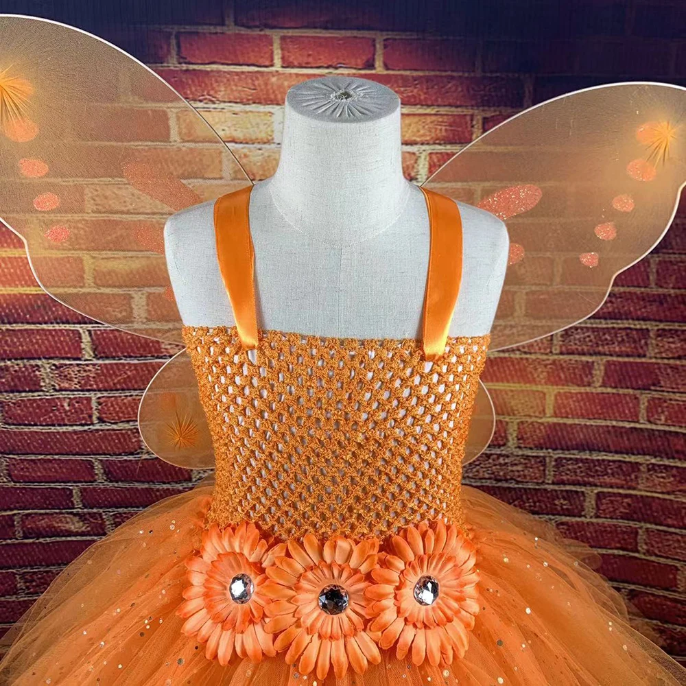 Girls Orange Glitter Tulle Dress Kid Butterfly Fairy Tutu Dresses with Wing Children Halloween Cosplay Costume