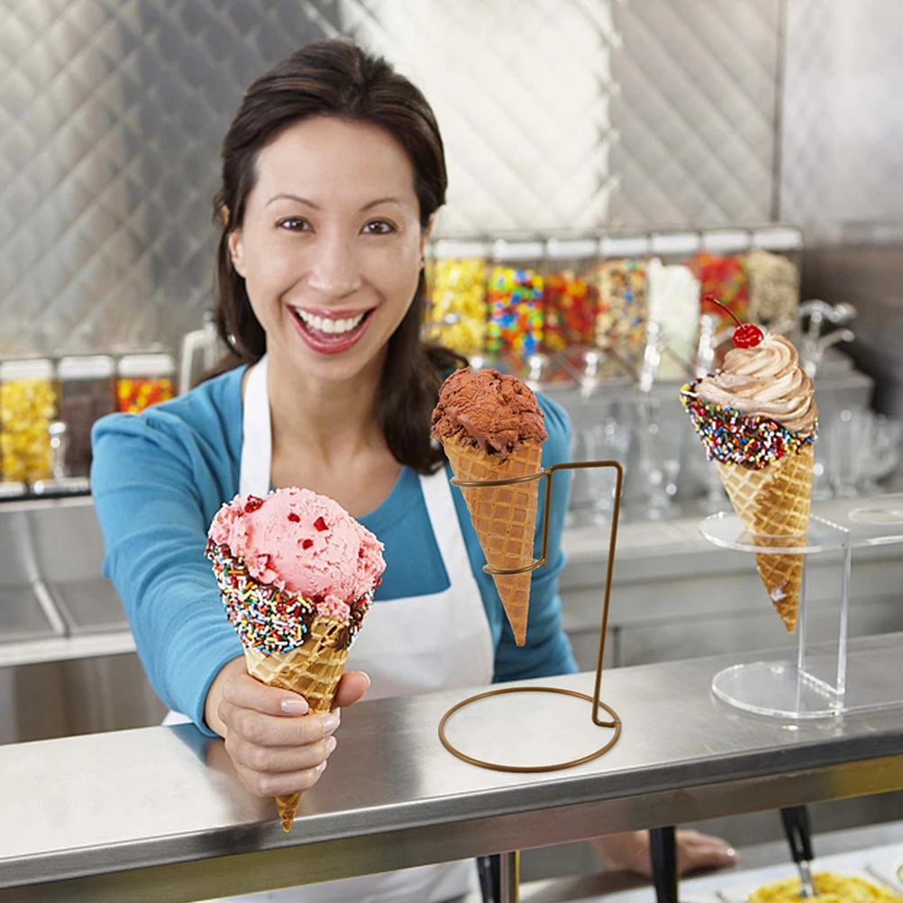 

2 Pcs Ice Cream Display Stand Cone Cake Holder Golden French Fry Basket Food Rack Dessert Tray