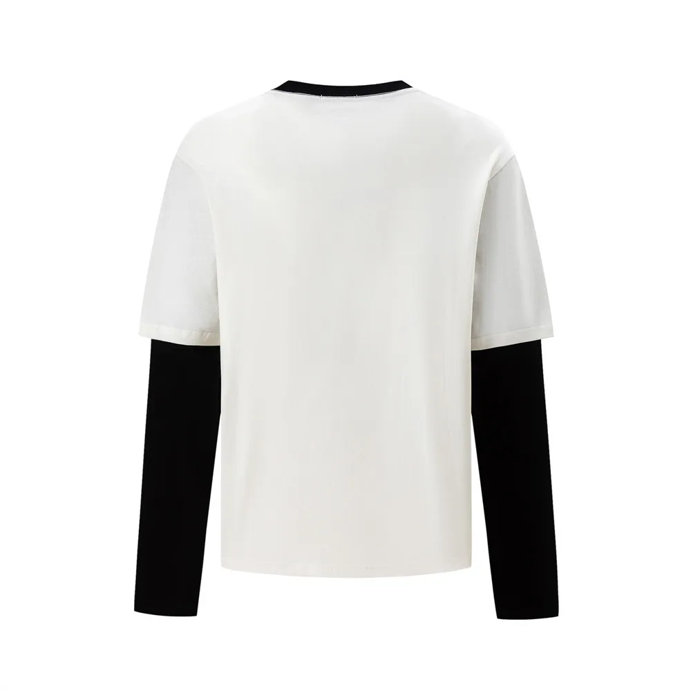 MWJLPWQ Men's Casual Streetwear Long-Sleeve T-Shirt Two-Piece Design Color-Blocked Letter Print Design Cotton Tops New 21314