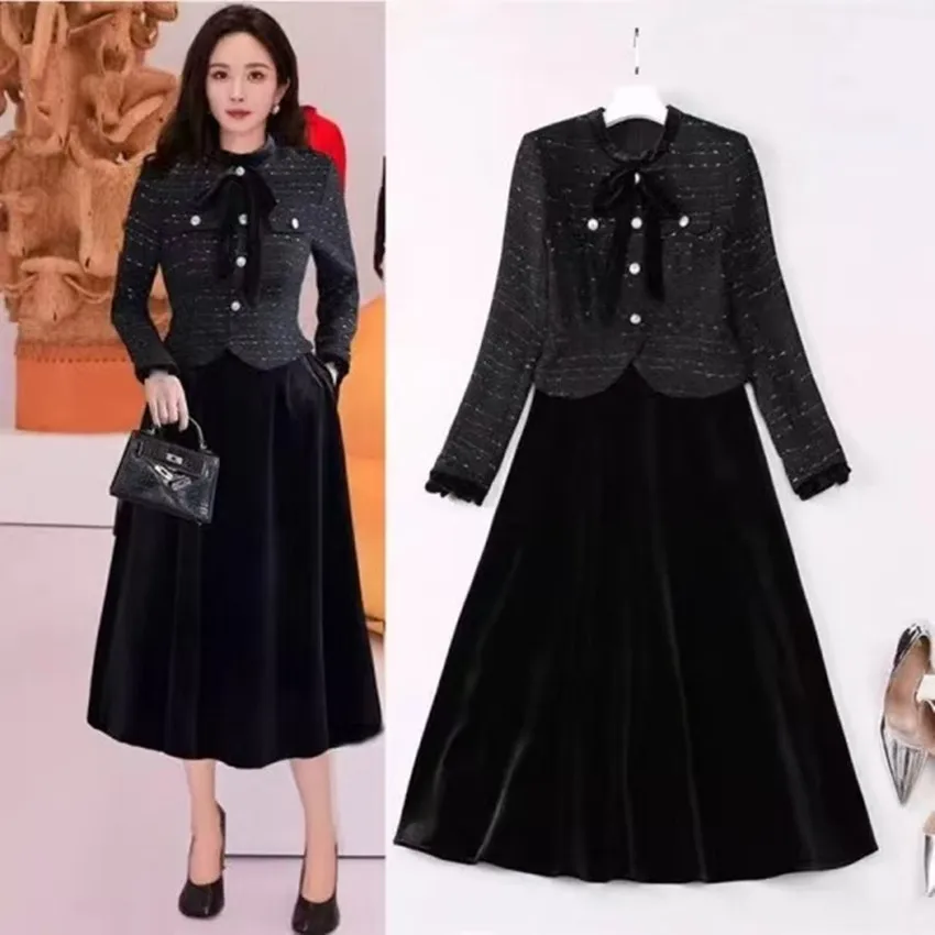 2024 New Autumn Winter Tweed Patchwork Velvet Midi Dress Elegant Women Long Sleeve Bowknot Fake 2 Piece Set Party Party Dresses