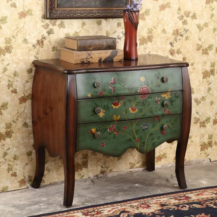 Three-Bucket Cabinet Retro Painted Green Wall Hallway European Style Big Belly Cabinet