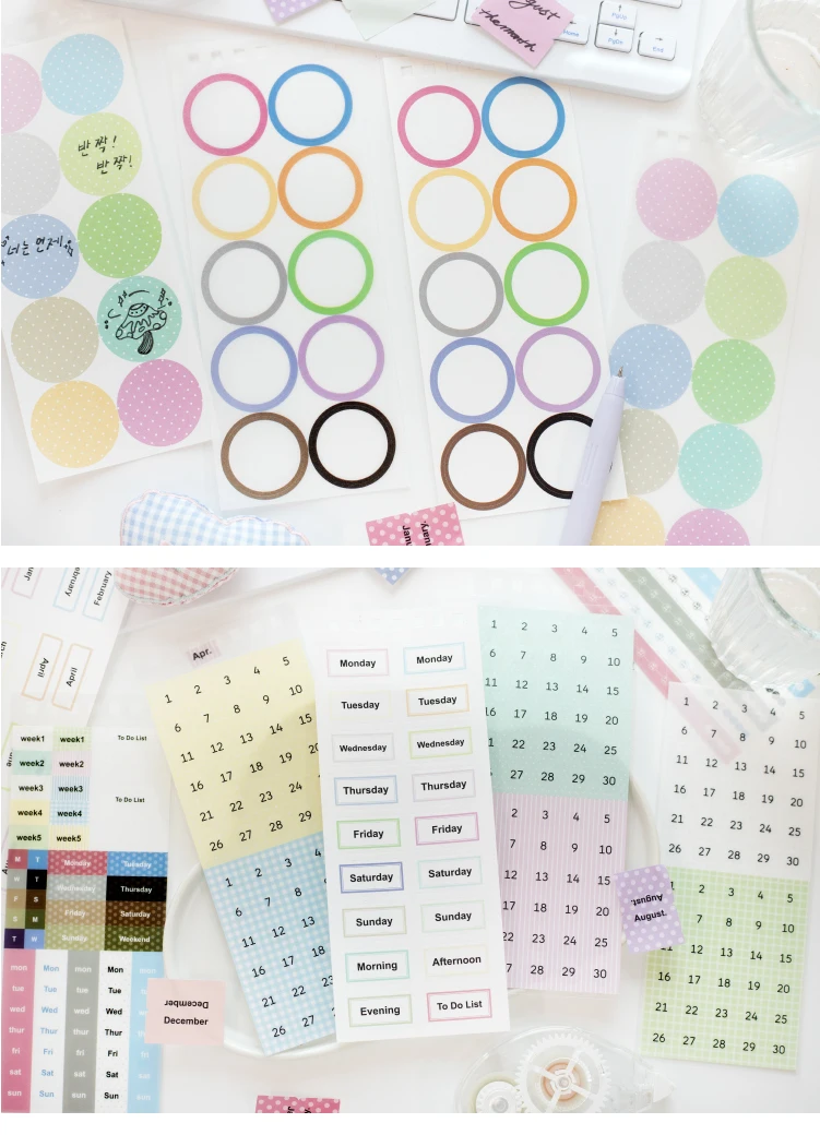 Journal GO 30pcs Mixed Material Date Planner Stickers PET & Washi Paper Index Sticker for Scrapbooking Colorful Number Month