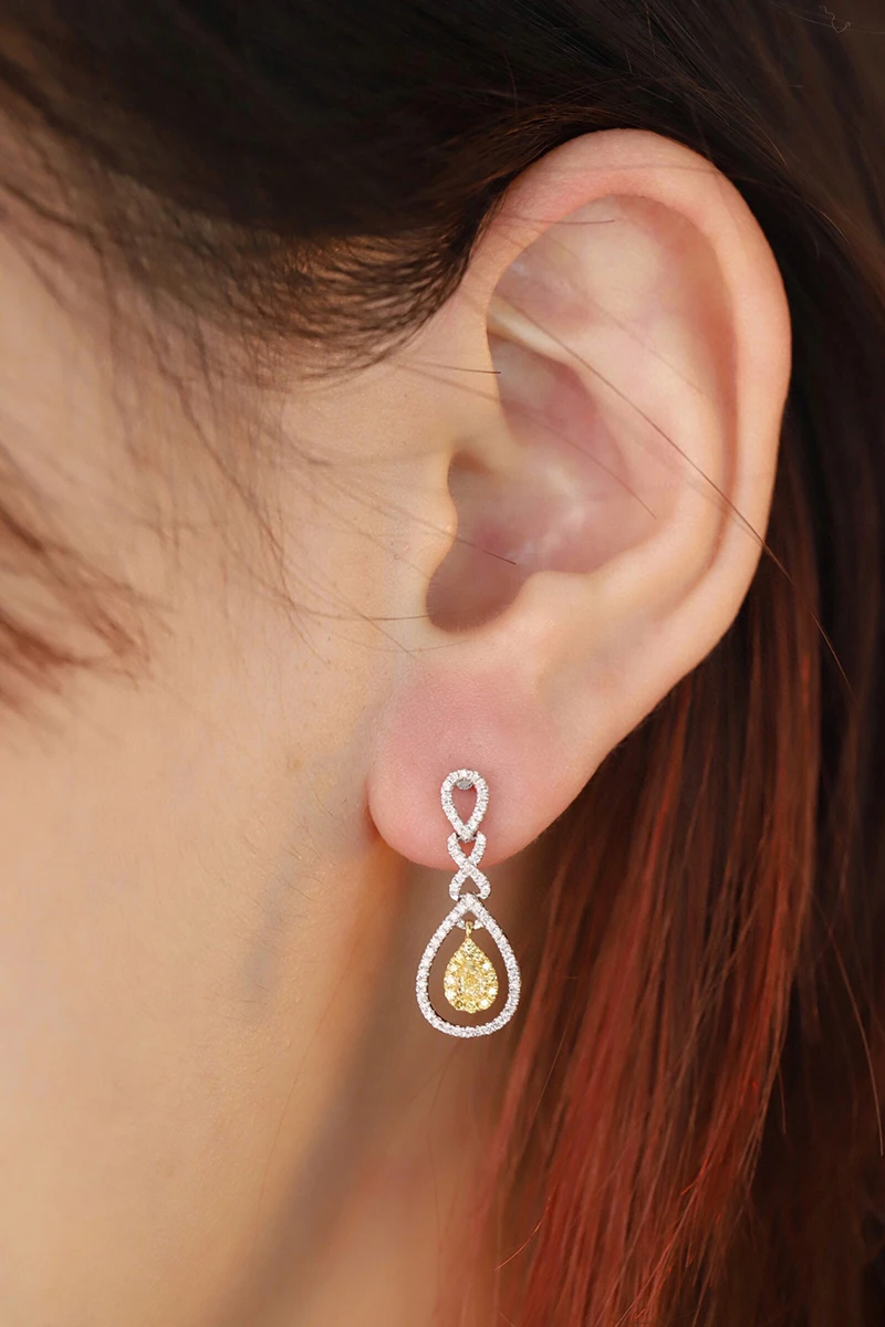 KUGG 100% 18K White Gold Earrings Elegant Water Drop Design Real Natural Yellow Diamond Earrings for Women High Wedding Jewelry
