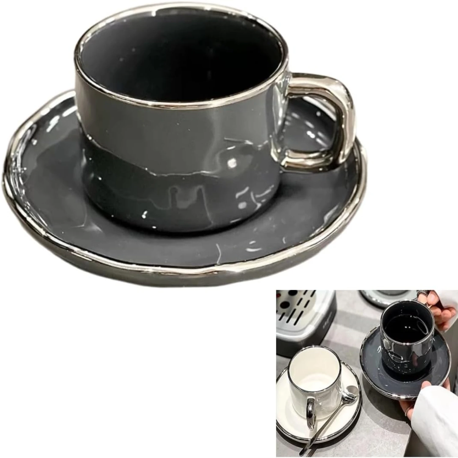 

Ideal Ultimate Stylish and Aesthetic Blue Ceramic Coffee Mug with Saucer and Spoon for Iced Coffee, Cappuccino, and Latte - Enha