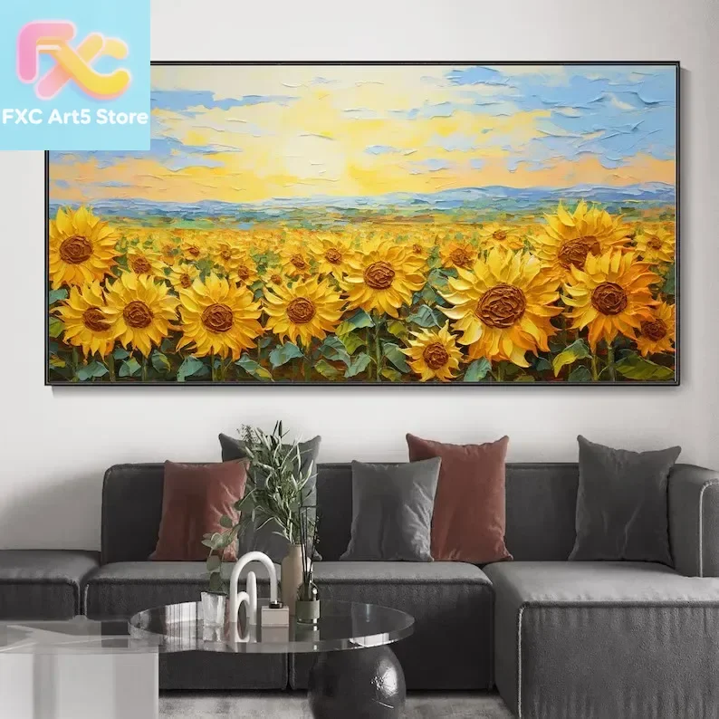 1pc Frameless  Retro Sunset Sunflower Field Floral Landscape Nordic Poster Canvas Painting Wall Art Pictures Modern Living Room