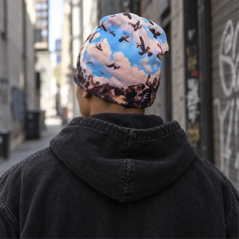 2026 Autumn Art Portrait Full Print Knit Beanie for Men Women Sky Pigeon Graphic Elastic Slouchy Hip Hop Streetwear Knitted Hat