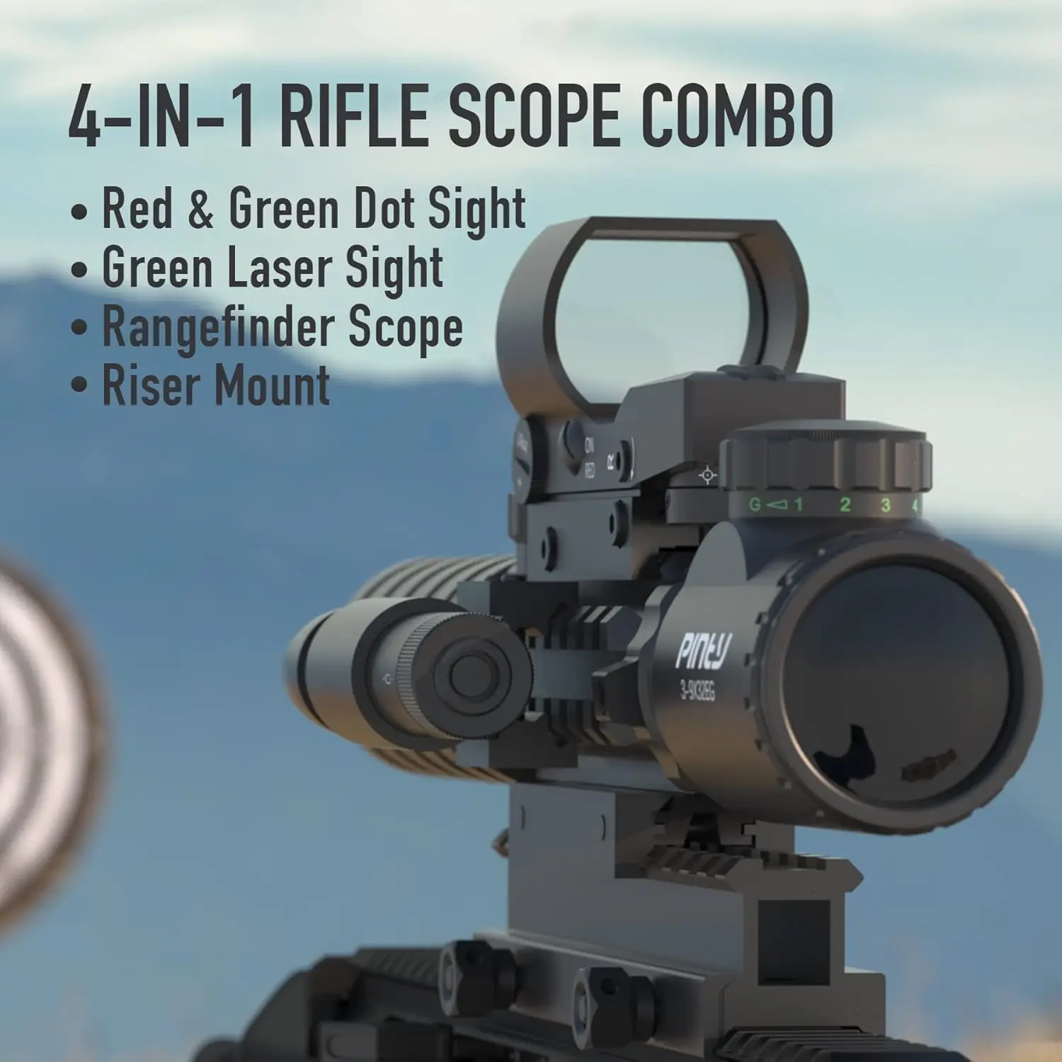 4-in-1 Rifle Scope Combo, 3-9x32 Rangefinder Scope, Red & Green Dot Sight, Laser, and 14 Slots Riser