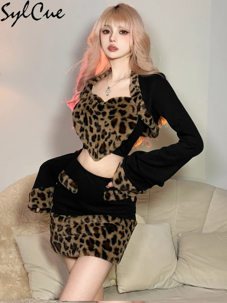 Sylcue Leopard Print Woolen Sexy Mature Charm Warm Party Evening Queen Autumn Travel Retro Trend Women'S Dress Two-Piece