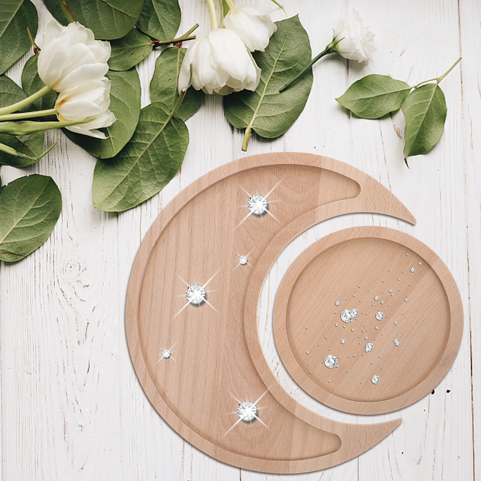 

2Pcs Round Wooden Tray for Jewelry Display Ring Holder Crystal Organizer Lipstick Storage Decor Plate Gift