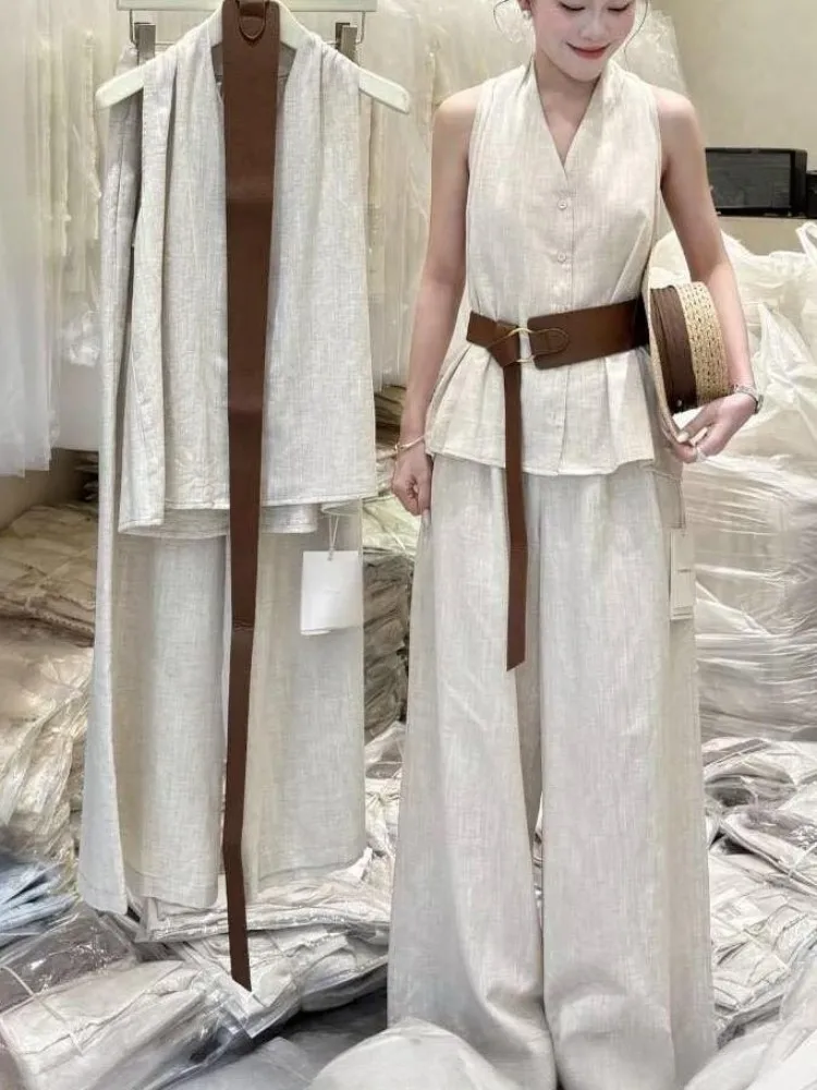 Office Ladies V Neck Sleeveless Single-Breasted Top Wide Leg Trousers Two Piece Set Leisure Solid Color Slim Matching Sets