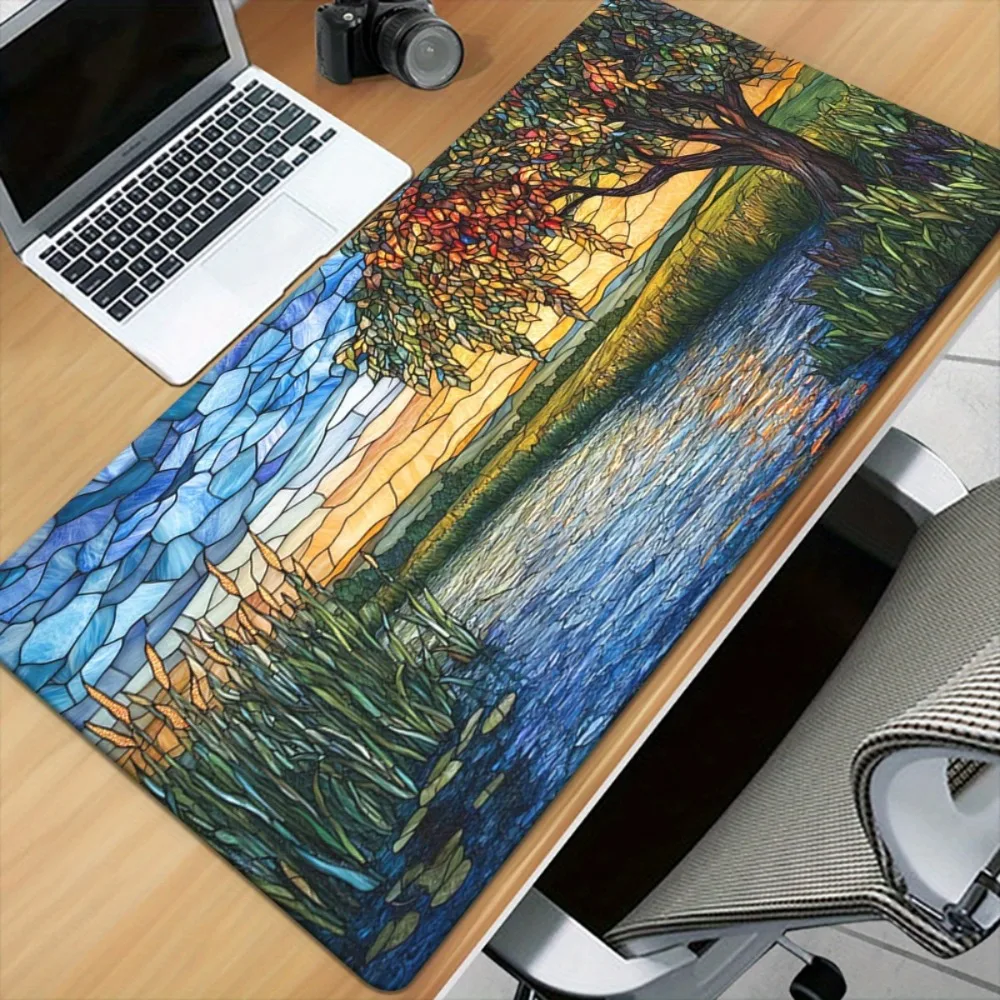 Stained Glass Tree & Lake Large Desk Mat, Tiffany Style Landscape Extended Mouse Pad, Non-Slip Desk Pad for Home Office Decor