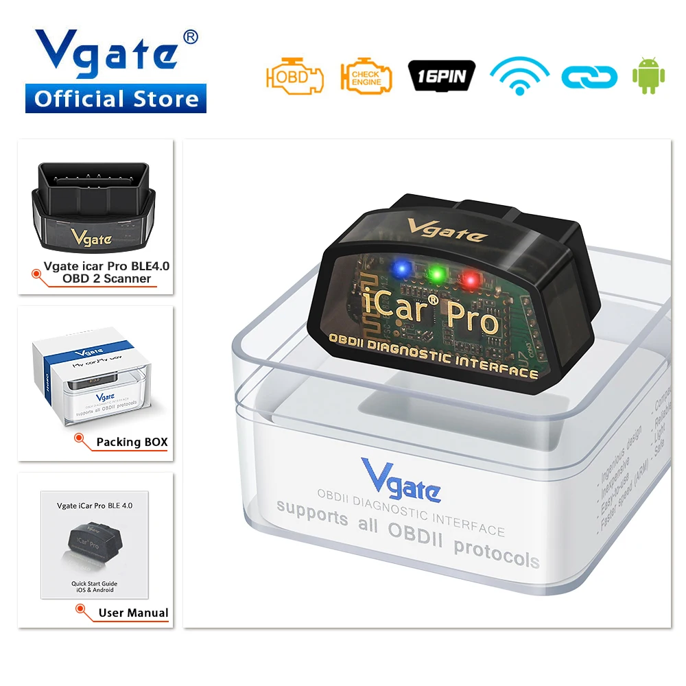 Vgate-herramientas de diagnóstico de coche iCar Pro elm327 V2.3 OBD 2 OBD2 WIFI Bluetooth 4,0 para Android/IOS BT3.0 para Android ODB2, escáner de