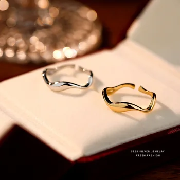 Real 925 Sterling Silver Geometric Waves Simple Rings For Women Wedding Party Jewelry Temperament Elegant Ring Fine Jewelry
