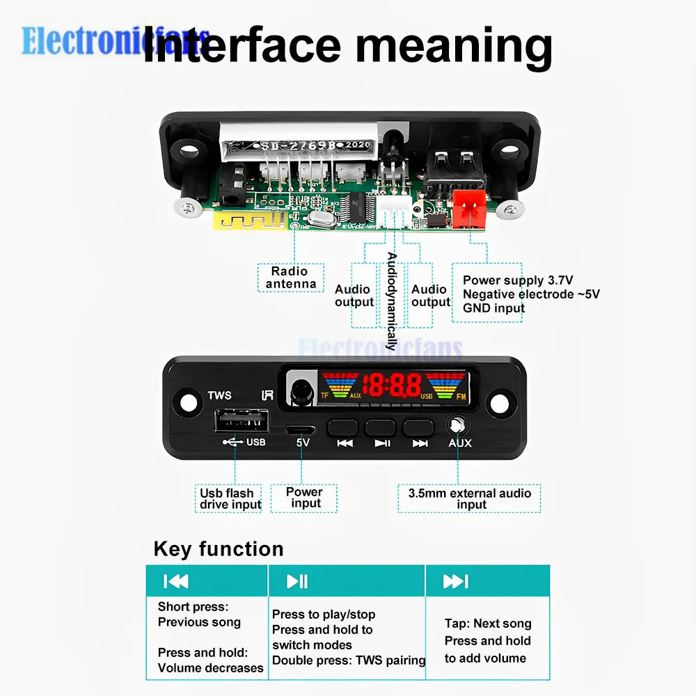 Audio Decode Board Car Music MP3 Decoder Board Bluetooth 5.0 Support AUX FM USB Hands-Free Calling Audio Player Module