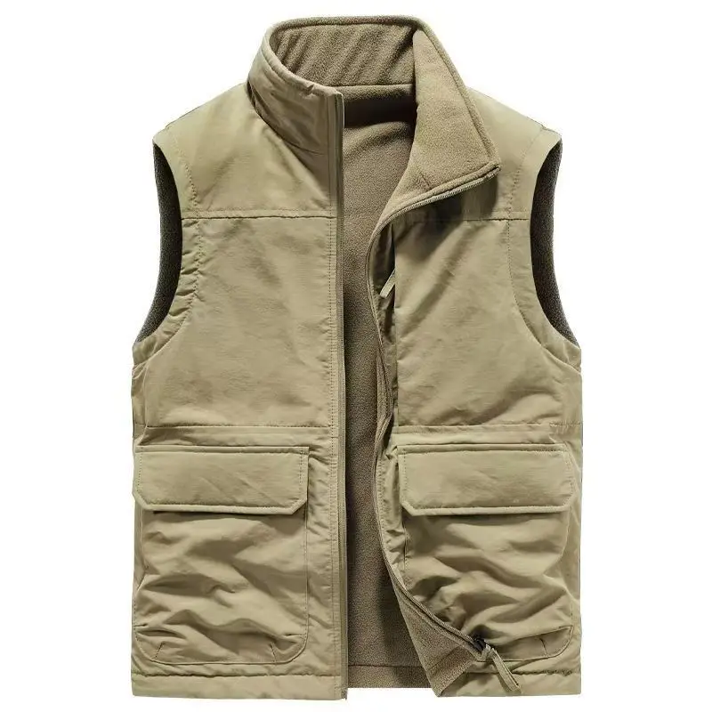 Autumn Winter Reversible Fleece Multi-Pocket Cargo Vest Men's Outdoor Sleeveless Casual Top