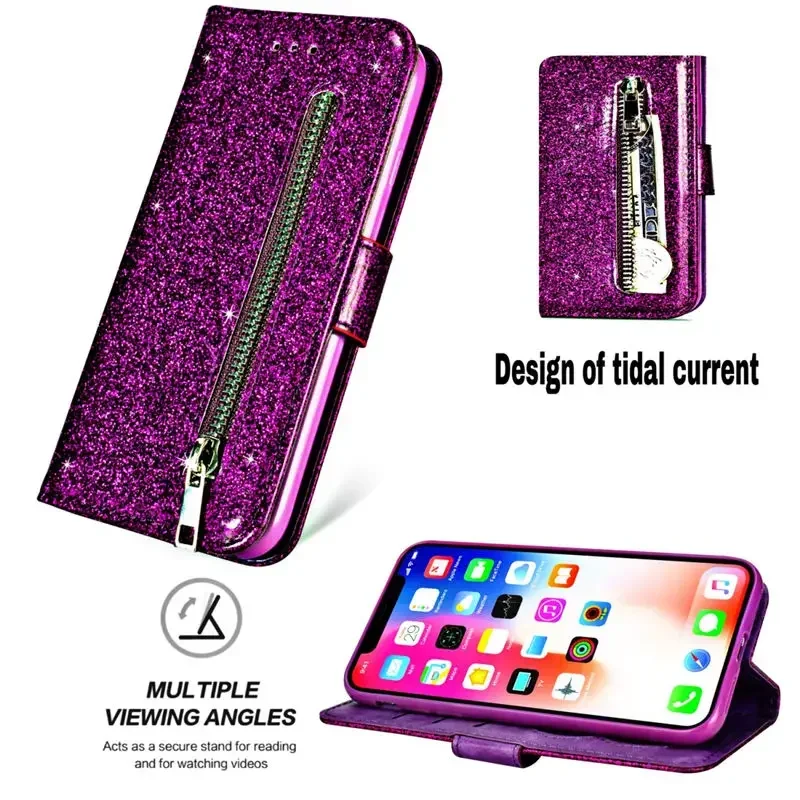 Wallet Glitter Zipper Magnetic Flip Leather Card Holder Case For iPhone 15 Pro Max 14 13 Mini 12 11 XR XS SE 2022 8 7 Plus Cover