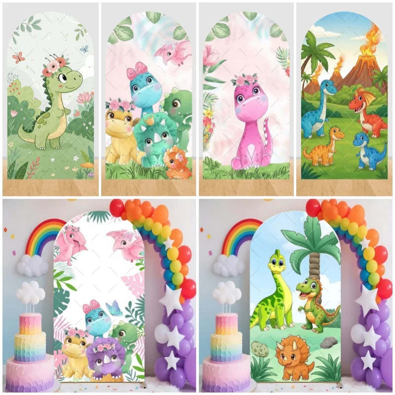 

Cartoon Dinosaur Backdrop for Boy Birthday Party Decor Arched Covers Safari Party Baby Shower Photo Photographic Background Prop