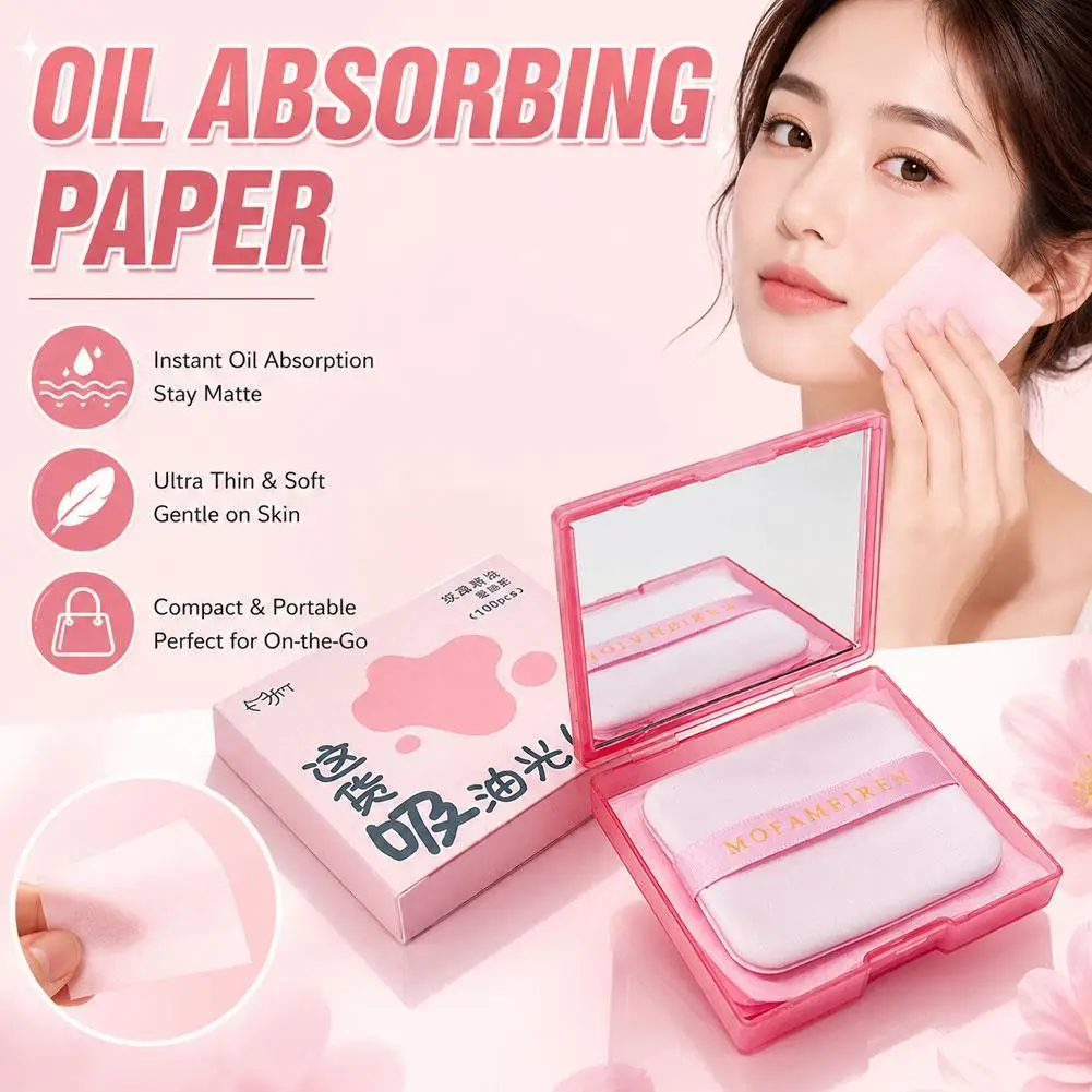 100pcs Facial Oil Blotting Paper With Mirror And Powder Facial Oil Absorbing Sheet Portable Facial Blotter Freshness Skin Care