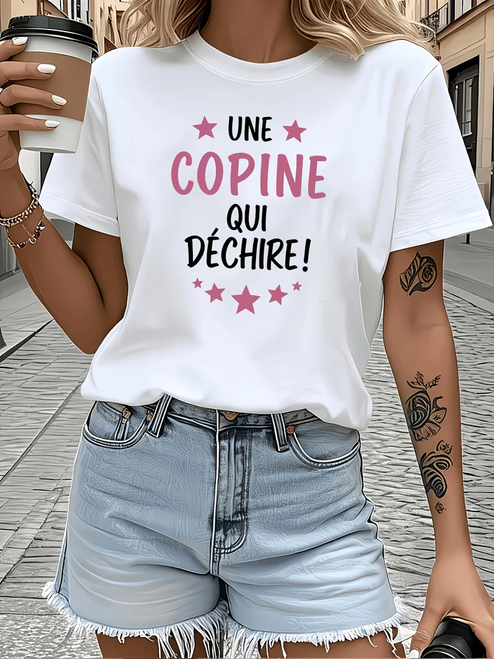 Women's French Slogan Graphic Tee Casual Top