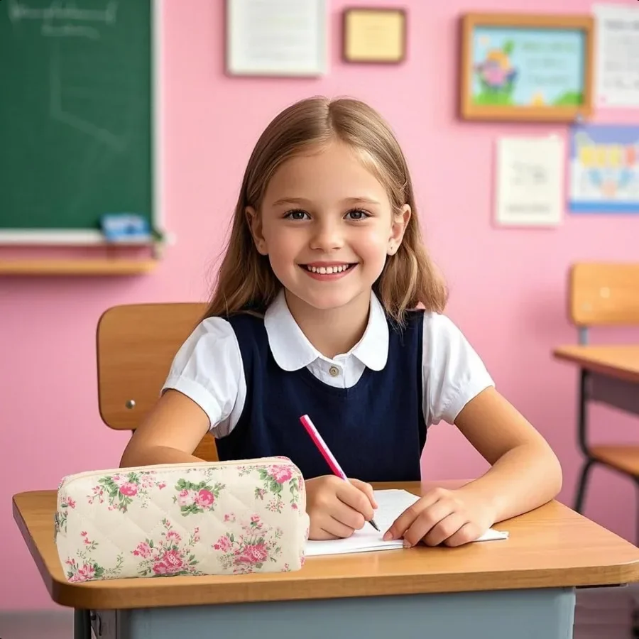 Estuche para lápices Estuche para lápices bonito para niñas Estuche para lápices estético con cremallera Estuches para bolígrafos Estuche para maquillaje con 2 flores rosas