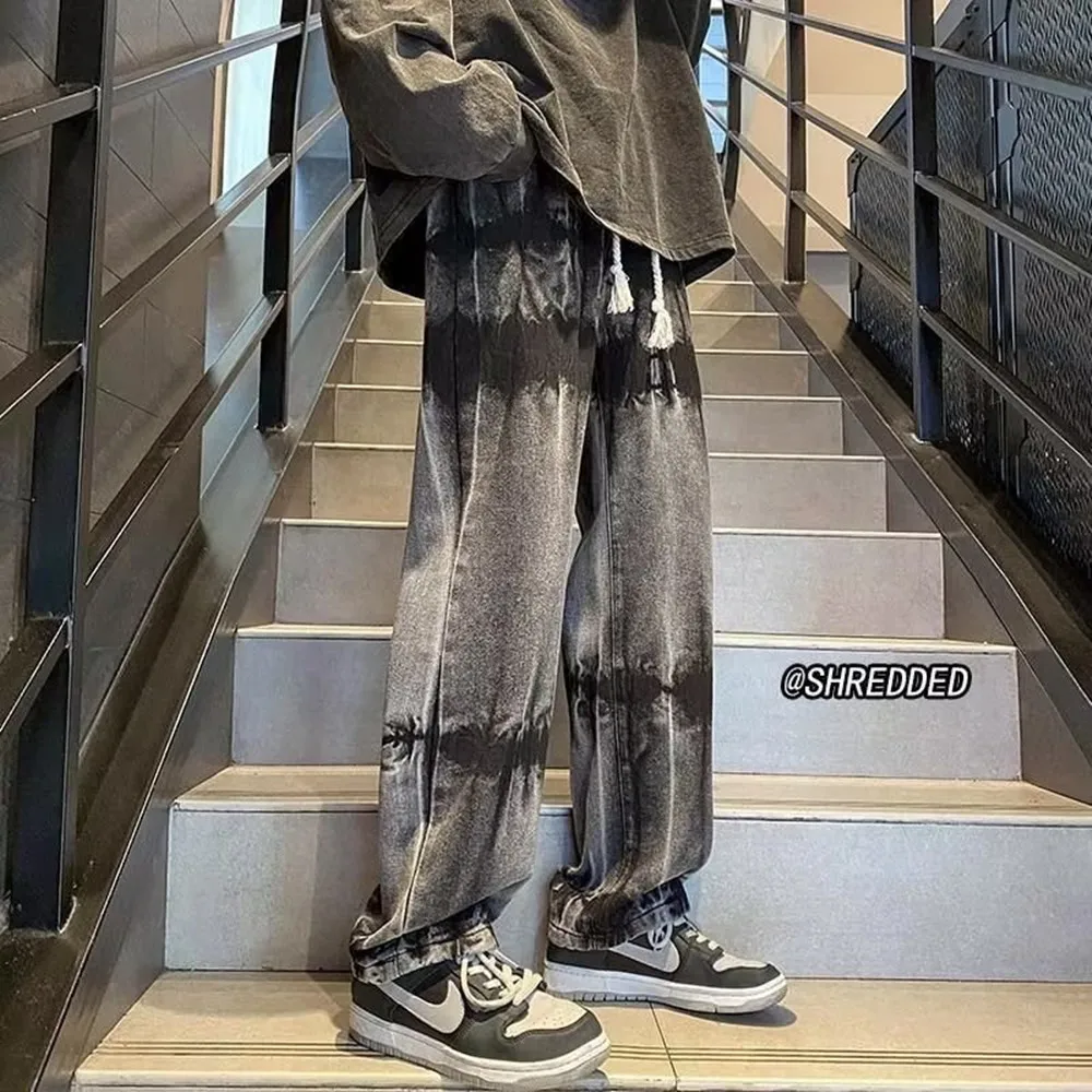 Tie Dyed Vintage Jeans Men's Fashion Brand Gradient Large Straight Leg Wide Leg Pants American Vibe High Street Casual Pants
