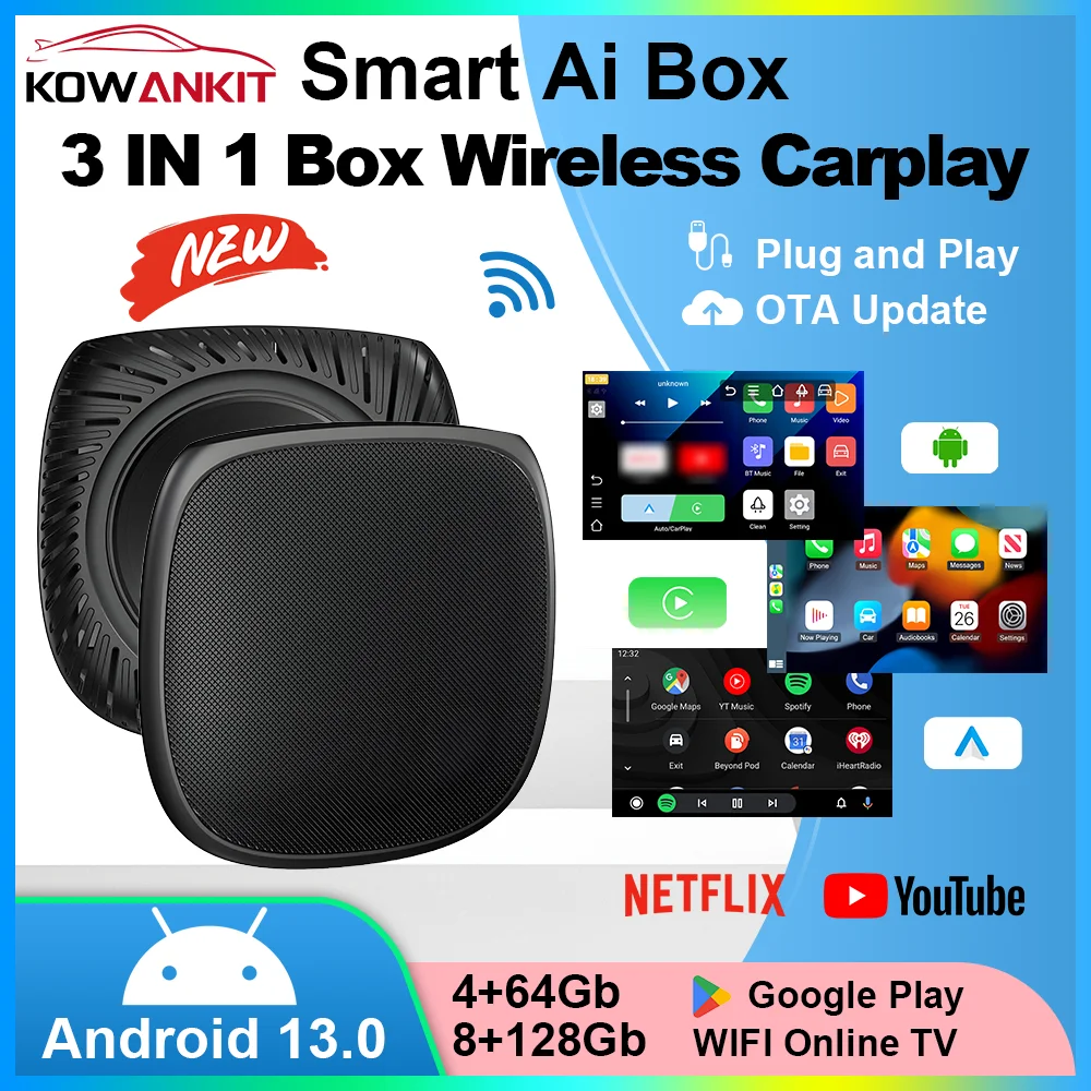 KowanKit Wireless CarPlay Android Auto 3 in 1 AI Box Smart 128G Android13 Apple Netflix Youtube Plug & Play Fits Cars From 2016+