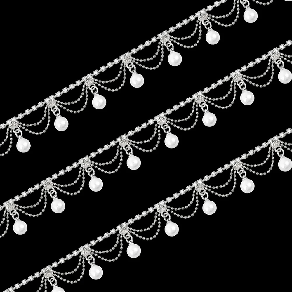 1 Yard Pearl Tassel Rhinestone Fringe Trim Chain Diamond Crystal Tassel Fringe for Sewing Crafts Wedding Dress Clothing Accessor