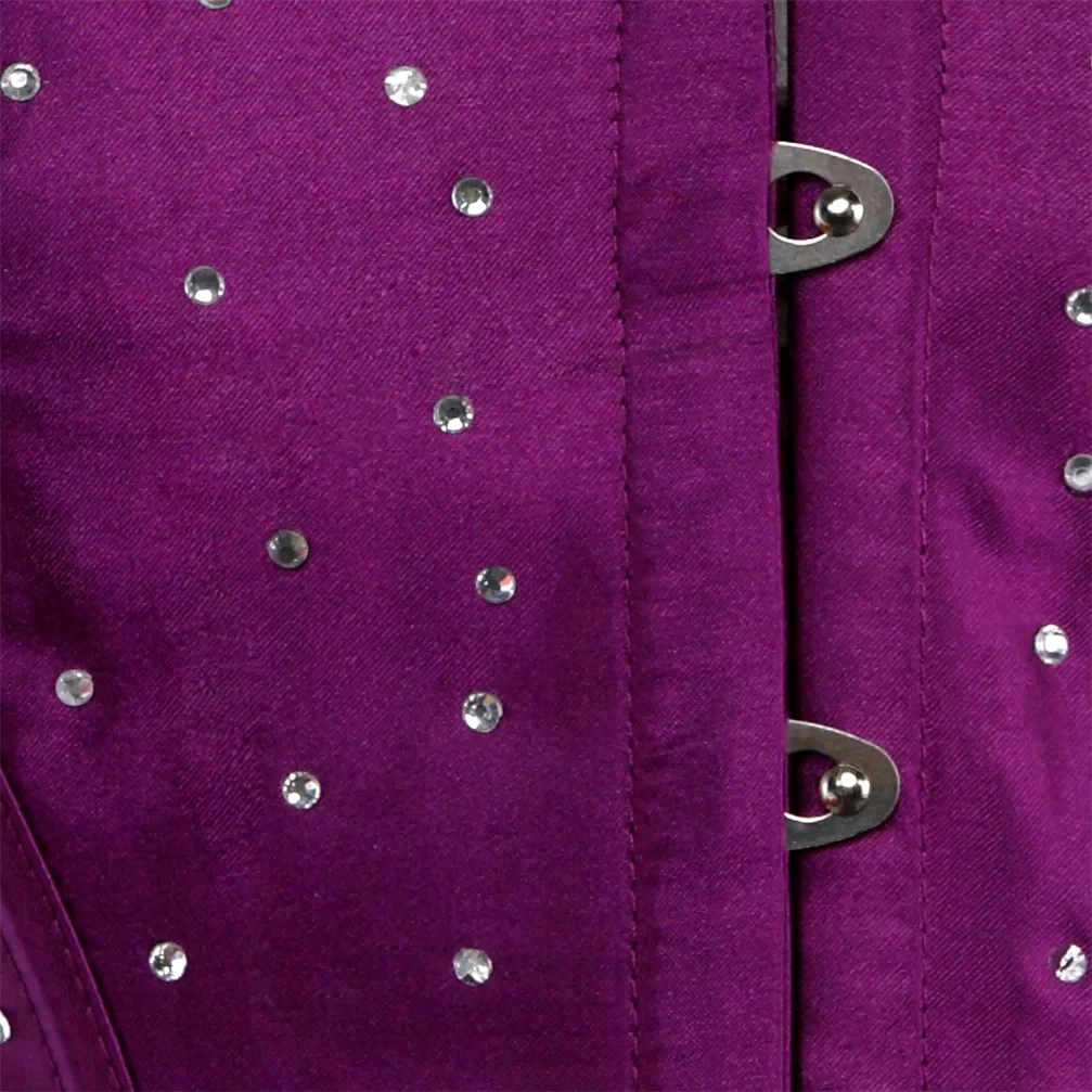 Purple Satin Rhinestone Corset Women Sexy Lace Up Overbust Bustier Top Showgirl Bodyshaper Corset Burlesque Vintage Style Korset
